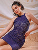 Women's Blue Fitted Lace Round Neck Bodycon Dress