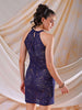 Women's Blue Fitted Lace Round Neck Bodycon Dress