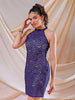 Women's Blue Fitted Lace Round Neck Bodycon Dress