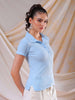 Women's Blue Fitted Solid Collared Shirt Style