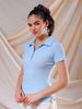 Women's Blue Fitted Solid Collared Shirt Style