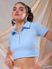 Women's Blue Fitted Solid Collared Shirt Style