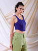 Women's Blue Fitted Solid Square Neck Crop Top
