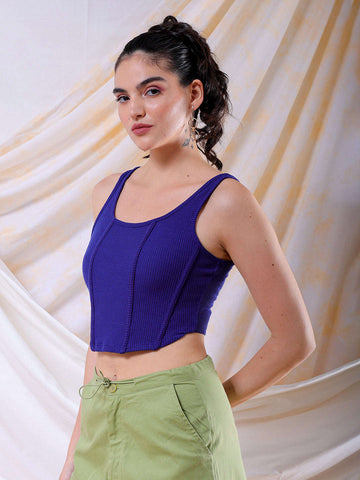 Women's Blue Fitted Solid Square Neck Crop Top