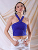 Women's Blue Fitted Solid V-Neck Crop Top