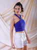 Women's Blue Fitted Solid V-Neck Crop Top