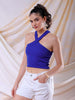 Women's Blue Fitted Solid V-Neck Crop Top