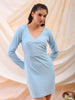Women's Blue Fitted Textured V-Neck Wrap Dress