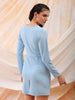 Women's Blue Fitted Textured V-Neck Wrap Dress