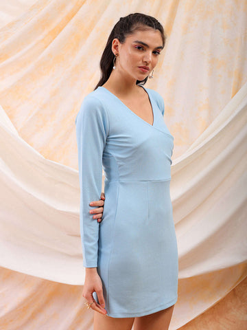 Women's Blue Fitted Textured V-Neck Wrap Dress
