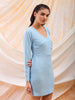 Women's Blue Fitted Textured V-Neck Wrap Dress