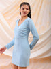 Women's Blue Fitted Textured V-Neck Wrap Dress