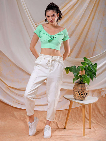 Women's Green Fitted Solid Sweetheart Neck Off Shoulder Top