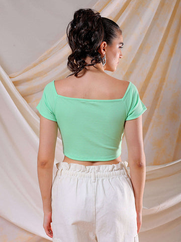 Women's Green Fitted Solid Sweetheart Neck Off Shoulder Top
