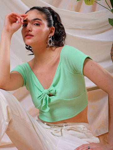 Women's Green Fitted Solid Sweetheart Neck Off Shoulder Top