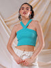 Women's Green Fitted Solid V-Neck Crop Top