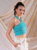Women's Green Fitted Solid V-Neck Crop Top