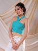 Women's Green Fitted Solid V-Neck Crop Top