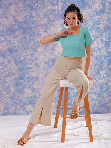 Women's Green Fitted Textured Square Neck Crop Top