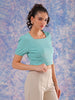 Women's Green Fitted Textured Square Neck Crop Top