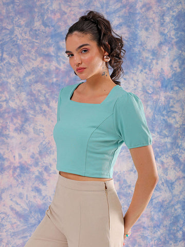 Women's Green Fitted Textured Square Neck Crop Top
