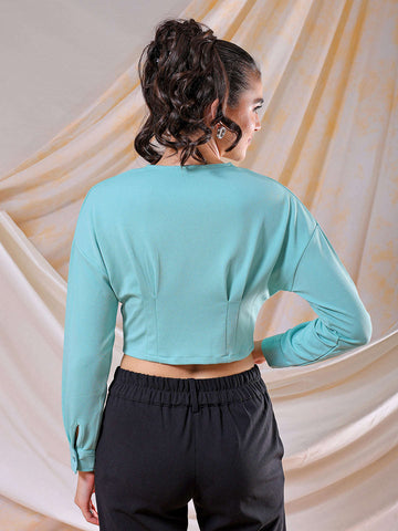 Women's Green Fitted Textured V-Neck Button down top