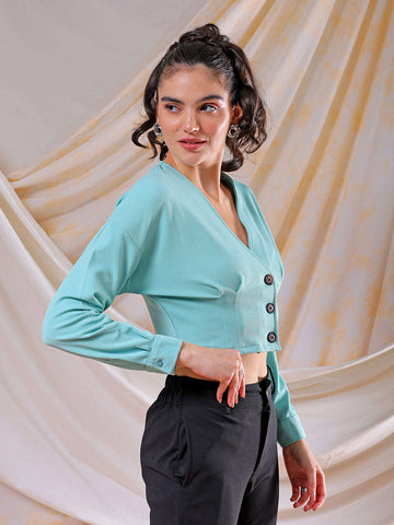 Women's Green Fitted Textured V-Neck Button down top