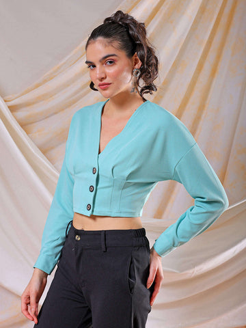 Women's Green Fitted Textured V-Neck Button down top