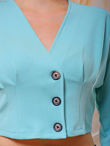 Women's Green Fitted Textured V-Neck Button down top