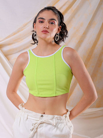 Women's Green/White Fitted Colourblocked Square Neck Crop Top