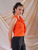 Women's Orange Fitted Textured Ruffled Ruffle Top