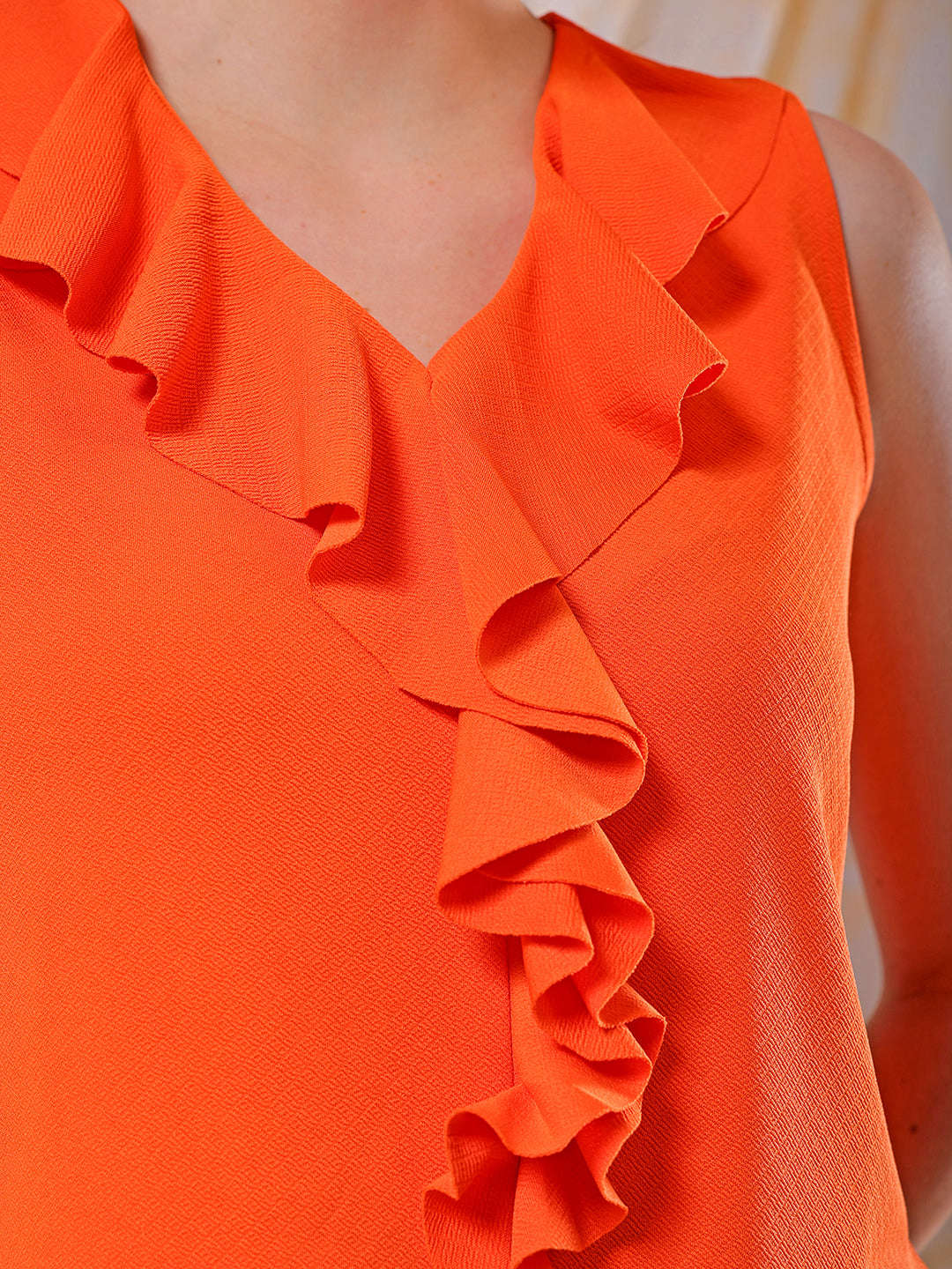 Women's Orange Fitted Textured Ruffled Ruffle Top