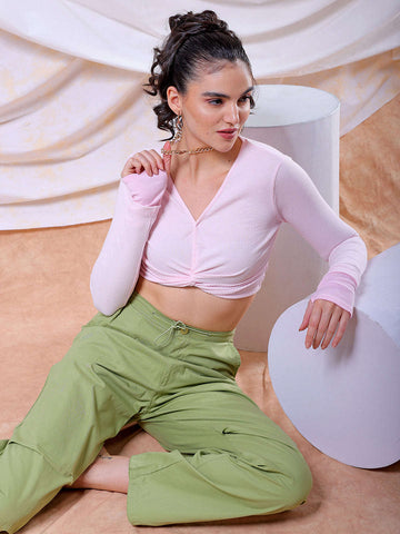 Women's Pink Fitted Solid V-Neck Regular