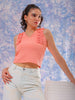 Women's Pink Fitted Textured Scoop Neck Ruffle Top
