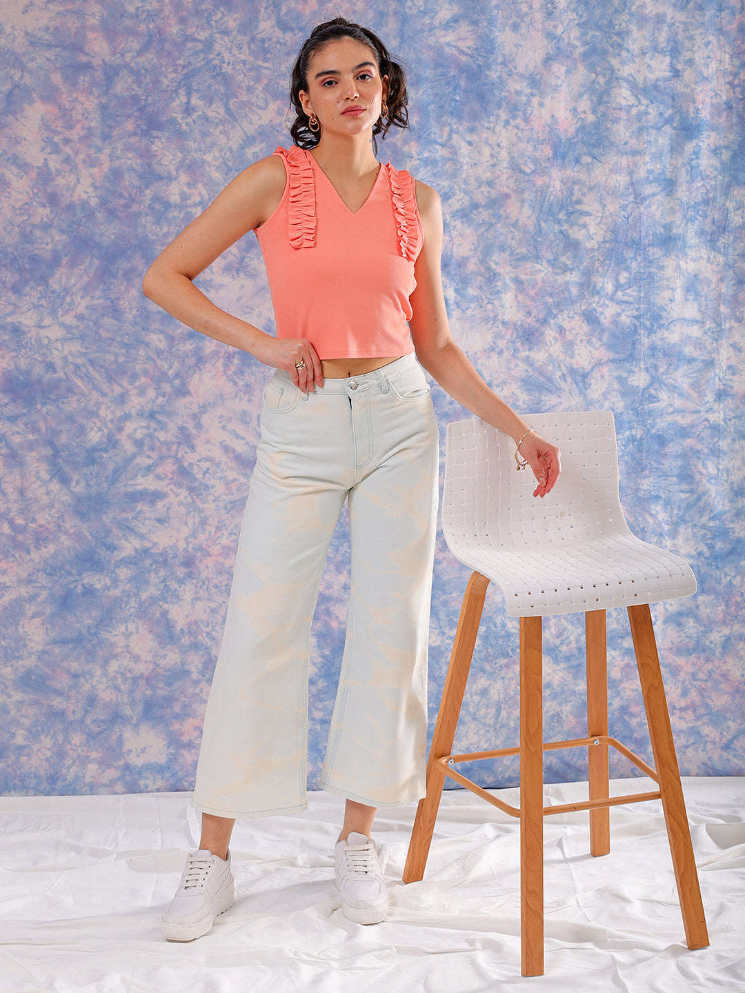 Women's Pink Fitted Textured Scoop Neck Ruffle Top