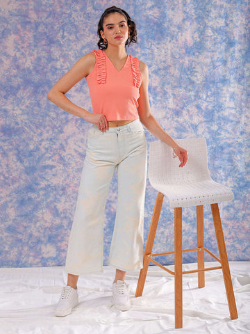 Women's Pink Fitted Textured Scoop Neck Ruffle Top