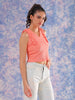 Women's Pink Fitted Textured Scoop Neck Ruffle Top
