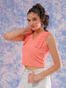 Women's Pink Fitted Textured Scoop Neck Ruffle Top