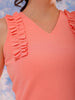 Women's Pink Fitted Textured Scoop Neck Ruffle Top