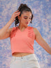 Women's Pink Fitted Textured Scoop Neck Ruffle Top