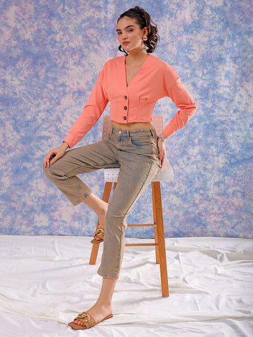 Women's Pink Fitted Textured V-Neck Button down top