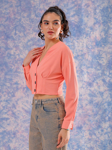 Women's Pink Fitted Textured V-Neck Button down top