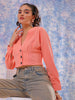 Women's Pink Fitted Textured V-Neck Button down top