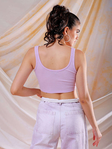 Women's Purple Fitted Solid Square Neck Crop Top