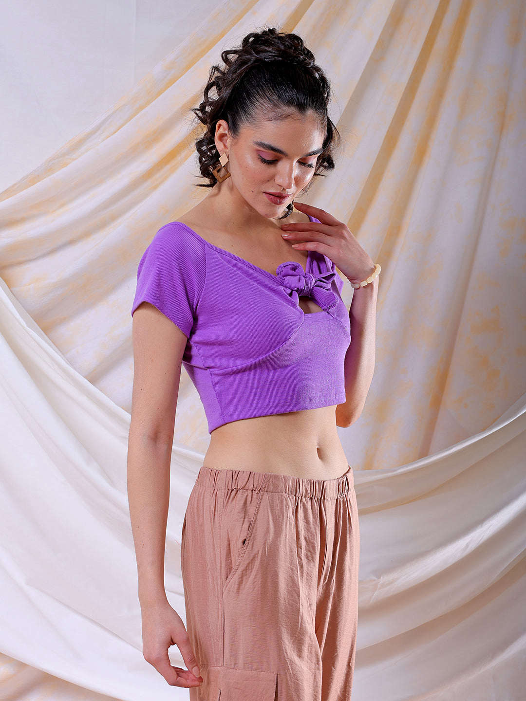 Women's Purple Fitted Solid Sweetheart Neck Off Shoulder Top