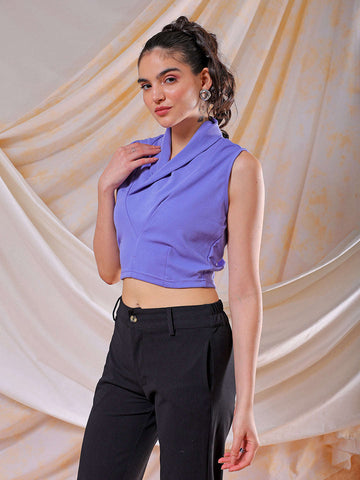 Women's Purple Fitted Textured Cowl Neck Draped Top