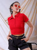 Women's Red Fitted Solid Collared Shirt Style