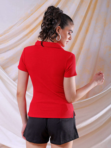 Women's Red Fitted Solid Collared Shirt Style