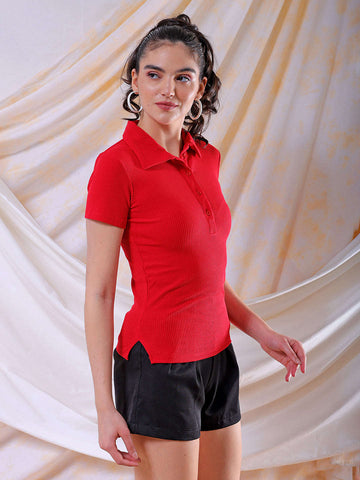 Women's Red Fitted Solid Collared Shirt Style