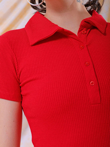 Women's Red Fitted Solid Collared Shirt Style